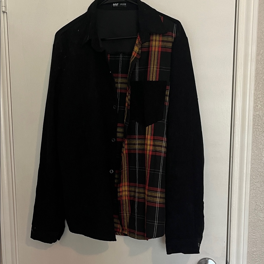 Romwe Plaid Button Up Flannel Corduroy Long Sleeve size large
